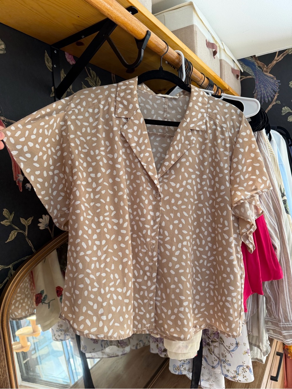 All in Favor Beige Short-Sleeve Collared Blouse with White Spot Print